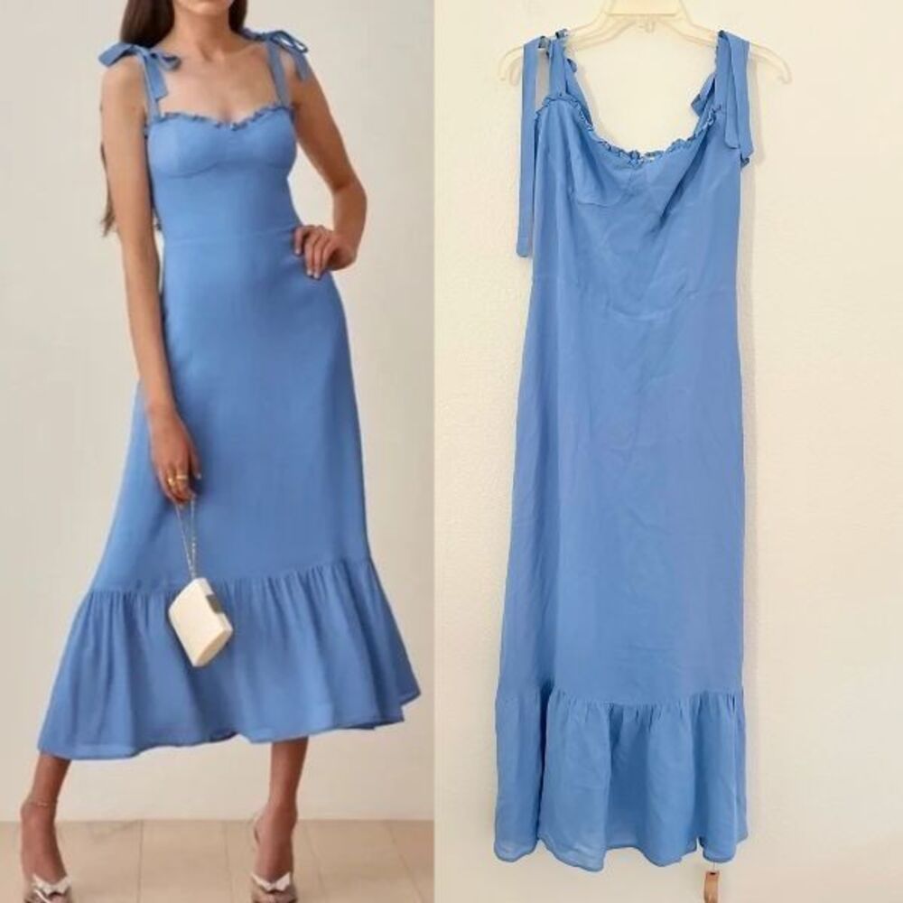 NWT Reformation Nikita Midi Dress Azure Blue Wedding Guest Smocking Women's 10